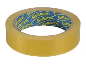 A roll of transparent Sellotape with a yellow tint and blue inner core, displaying the Sellotape logo repeatedly on the inside.