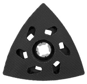 A black, triangular sanding pad with a textured surface and five openings around a circular mounting hole in the center, designed for use with a power tool.