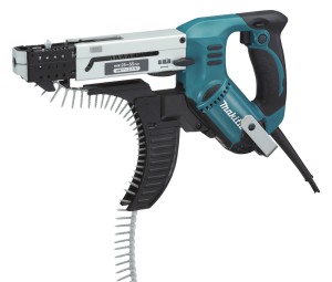 A teal and black Makita automatic screw gun with a strip of collated screws loaded, designed for driving screws quickly and efficiently in construction tasks.