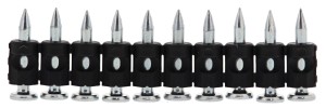 A row of ten metal nails with black plastic collars and pointed tips, aligned upright side by side on a white background.