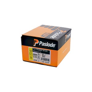 A box of Paslode F16 straight brads, 50mm x 1.6mm, containing 2,000 nails. The box is black and orange with product details and the Paslode logo printed on it.