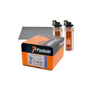 A strip of collated galvanised framing nails with angled tips, connected in a paper or plastic tape strip for use in a nail gun.