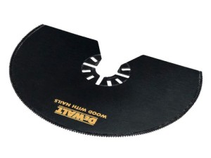 A black, semi-circular DeWALT saw blade with fine teeth and a segmented center hole, labeled “WOOD WITH NAILS” in yellow text.