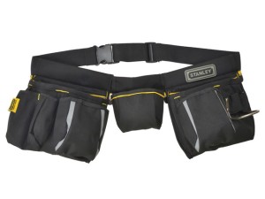 A black Stanley tool belt with multiple pouches and pockets, reinforced with yellow accents and reflective strips, designed for holding tools and accessories.