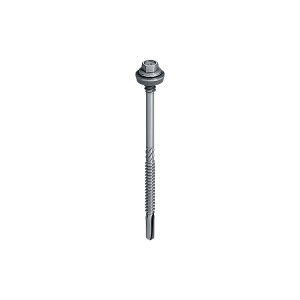 A single metal self-drilling screw with a hexagonal head, attached washer, and fluted drill tip, isolated on a white background.