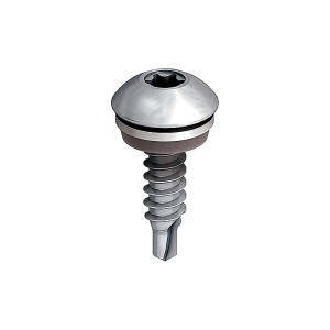A silver metal screw with a domed head, star-shaped drive, and a threaded body ending in a self-drilling tip, shown on a white background.