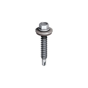 A single metal self-drilling screw with a hexagonal head, attached washer, and pointed tip, isolated on a white background.