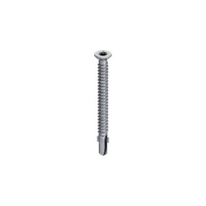 A single silver metal screw with a flat head and a drill bit tip, shown against a plain white background.