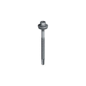 A steel self-drilling screw with a sharp drill-point tip and spiral threads along the shaft, suitable for fixing into steel framing.