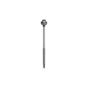 A steel self-drilling screw with a sharp drill-point tip and spiral threads along the shaft, suitable for fixing into steel framing.