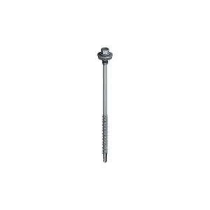 A single silver self-drilling screw with a hexagonal head, washer, and partially threaded shank, isolated on a white background.