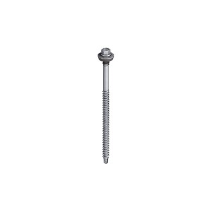 A single metal screw with a hexagonal head, washer, and pointed tip, designed for fastening materials such as metal or wood. The screw is silver and shown upright on a white background.
