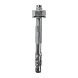 A metal through bolt anchor with a hex nut and washer, featuring a threaded shaft and expansion sleeve, designed for securing heavy loads to concrete or masonry surfaces.