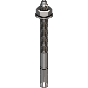 A metal through bolt anchor with a hex nut and washer, featuring a threaded shaft and expansion sleeve, designed for securing heavy loads to concrete or masonry surfaces.