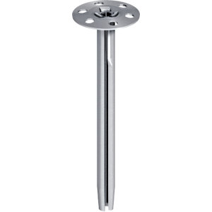 A silver metal anchor bolt with a round, flat top featuring multiple holes and a split, tapered shaft extending downward.