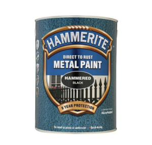 A 5l tin of Hammerite direct-to-rust hammered-finish metal paint in black, with a textured decorative surface and built-in rust inhibitor, requiring no primer.