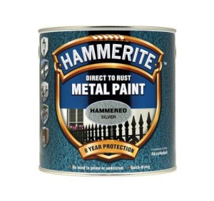 A 250ml tin of Hammerite direct-to-rust hammered-finish metal paint in silver, with a textured decorative surface and built-in rust inhibitor, requiring no primer.
