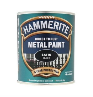 A 750ml tin of Hammerite satin-finish metal paint in black, for protecting and decorating metal surfaces.
