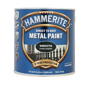 A 25l tin of Hammerite smooth-finish metal paint in green, for protecting and decorating metal surfaces.
