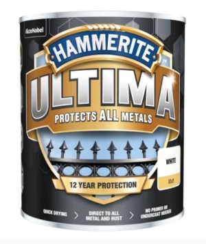 A 750ml tin of Hammerite smooth-finish metal paint in white, for protecting and decorating metal surfaces.