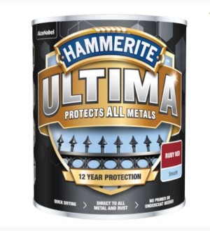 A 750ml tin of Hammerite smooth-finish metal paint in red, for protecting and decorating metal surfaces.
