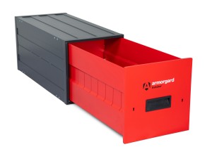 A steel Armorgard heavy-duty site storage unit with a steel construction, secure locking, and a load-rated base.