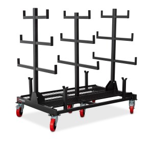 A steel metal shelving unit with adjustable shelf heights and a robust welded steel frame, for organised storage in workshops and site cabins.