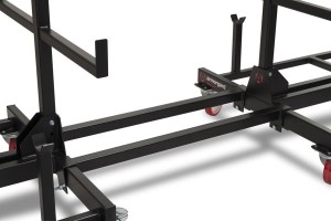 A steel metal shelving unit with adjustable shelf heights and a robust welded steel frame, for organised storage in workshops and site cabins.