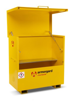 A steel Armorgard heavy-duty site storage unit with a steel construction, secure locking, and a load-rated base.