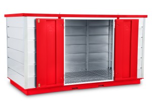 A steel Armorgard heavy-duty site storage unit with a steel construction, secure locking, and a load-rated base.