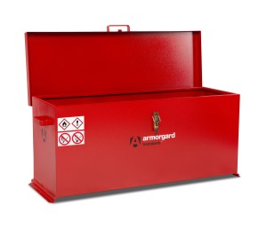A steel Armorgard heavy-duty site storage unit with a steel construction, secure locking, and a load-rated base.