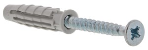A plastic wall plug with a ribbed body that expands on screw insertion, designed for use in solid masonry including concrete and brick.