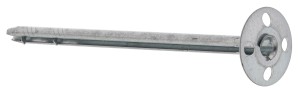 A metal wall anchor with a flat, round flange featuring four holes and a long, cylindrical shaft. It appears silver or gray in color and is designed for securing objects to walls.