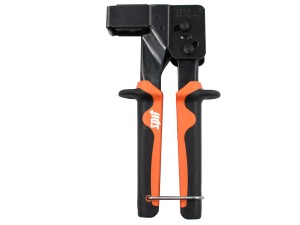 An orange and black Spit cordless power tool, with an ergonomic grip, designed for use on construction and maintenance tasks.