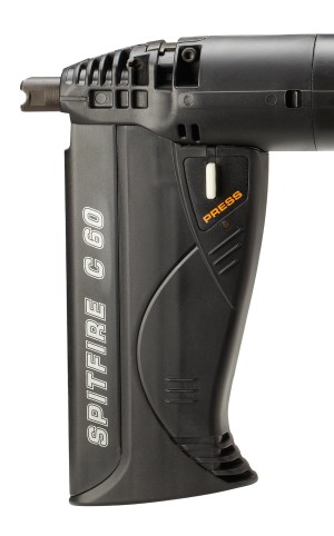 An orange and black Spit cordless power tool, with an ergonomic grip, designed for use on construction and maintenance tasks.