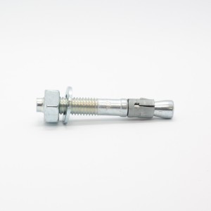A bright zinc plated M16 through bolt anchor with a hex nut and washer, featuring a threaded shaft and expansion sleeve, designed for securing heavy loads to concrete or masonry surfaces.