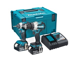 A teal and black Makita cordless combi drill with an 18V motor, a 13mm keyless chuck, and hammer, drill, and screwdriver modes.