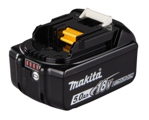 A black Makita 18V lithium-ion 5.0Ah rechargeable battery pack with a charge level indicator and yellow connector, designed for use with cordless power tools.