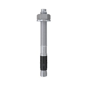 A metal expansion bolt anchor with a hex nut and washer, threaded shaft, and a black plastic sleeve, shown against a white background.