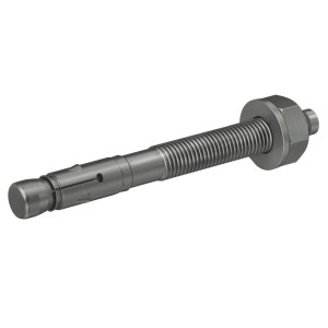An A4 stainless steel M12 through bolt anchor with a hex nut and washer, featuring a threaded shaft and expansion sleeve, designed for securing heavy loads to concrete or masonry surfaces.