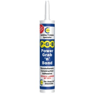 A 290ml cartridge of white grab adhesive with a high-initial-bond formula, for instantly fixing panels, skirtings, and architraves.