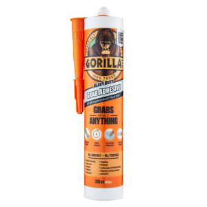 A 290ml cartridge of Gorilla white grab adhesive with a high-initial-bond formula, for instantly fixing panels, skirtings, and architraves.