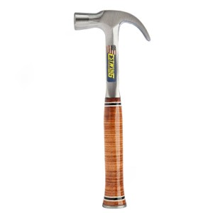 A claw hammer with a steel-handled handle and a polished steel head featuring a curved claw for nail removal and a flat striking face.,