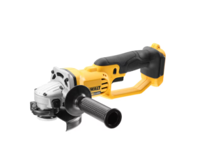 A yellow and black DEWALT cordless angle grinder with a 18V motor, a side handle, and a wheel guard, for grinding, cutting, and surface preparation.