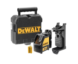 A yellow and black DEWALT self-levelling laser level projecting horizontal and vertical lines, for precision alignment and setting-out work.
