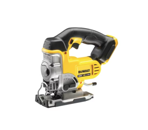 A yellow and black DEWALT cordless jigsaw with 18V orbital action and a variable-speed trigger, for cutting curves and internal shapes.