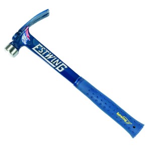 A framing hammer with a waffle-textured steel head, a straight rip claw, and a long steel-handled handle, designed for heavy-duty structural carpentry.