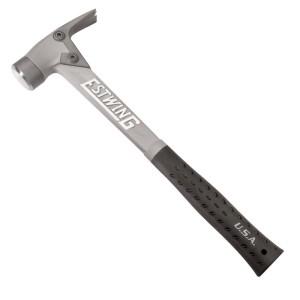 A hammer with a steel head and a steel-handled handle, for general fastening and construction use.