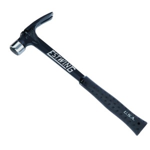 A framing hammer with a waffle-textured steel head, a straight rip claw, and a long steel-handled handle, designed for heavy-duty structural carpentry.