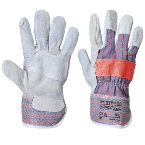 A pair of grey leather work gloves with a reinforced palm and adjustable wrist strap, offering durable hand protection.